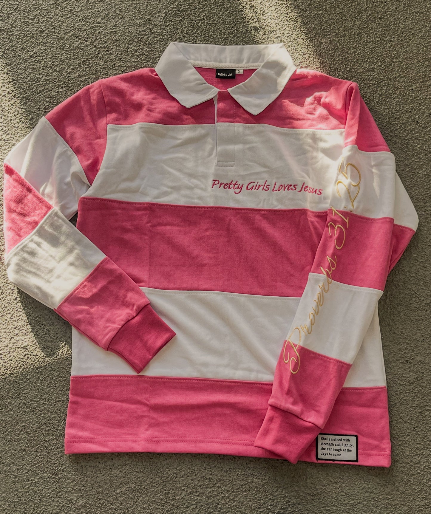 Pink And White Striped Rugby Polo