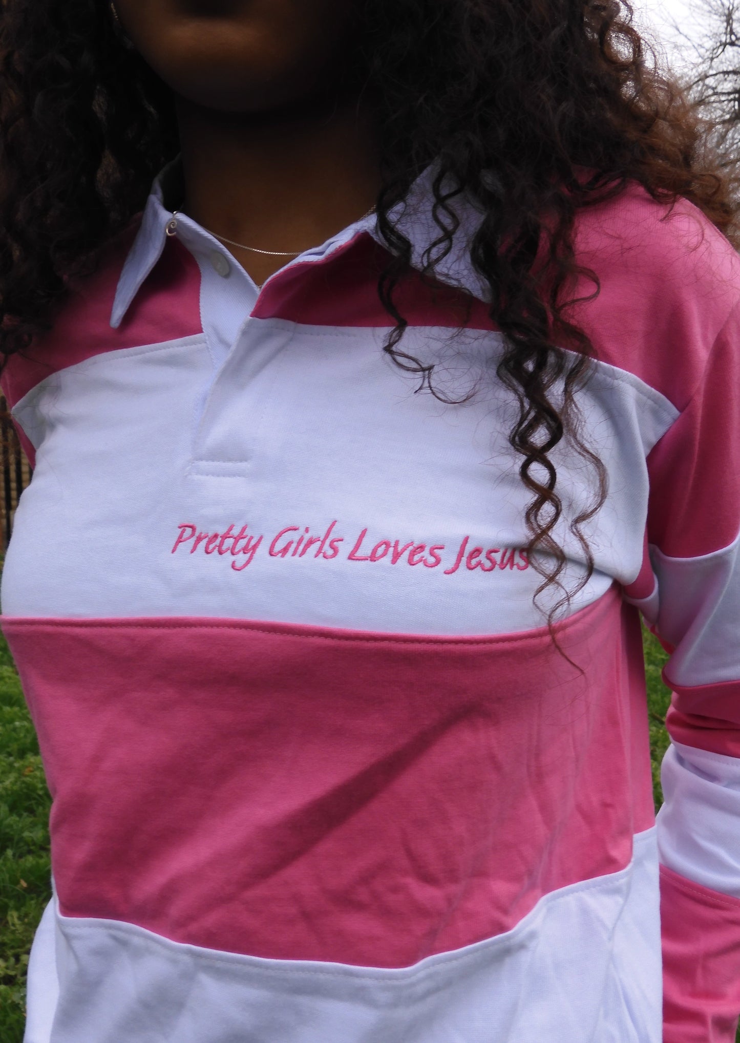 Pink And White Striped Rugby Polo